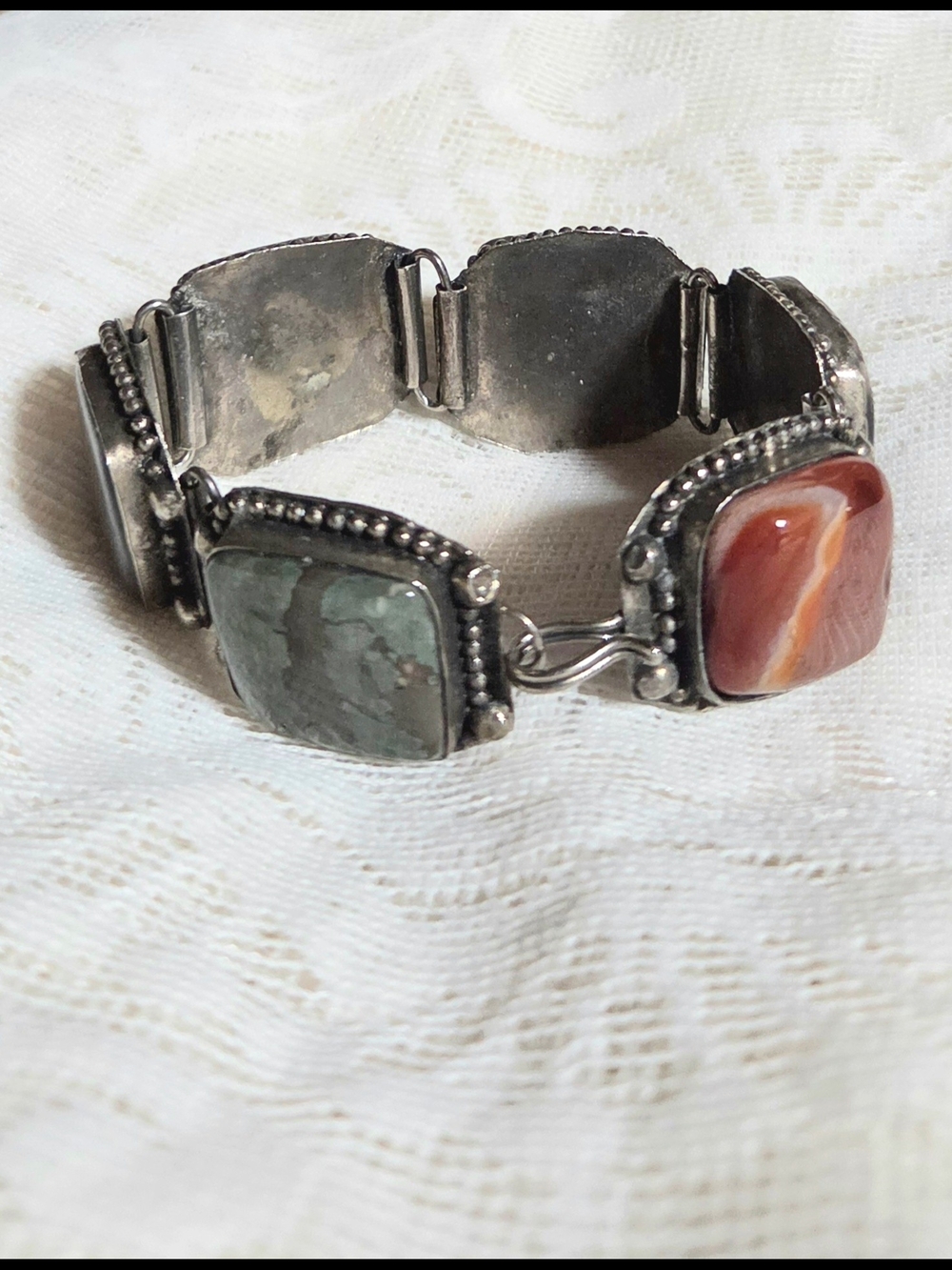 Vintage 1960's Handmade Mexican Silver Agate Bracelet